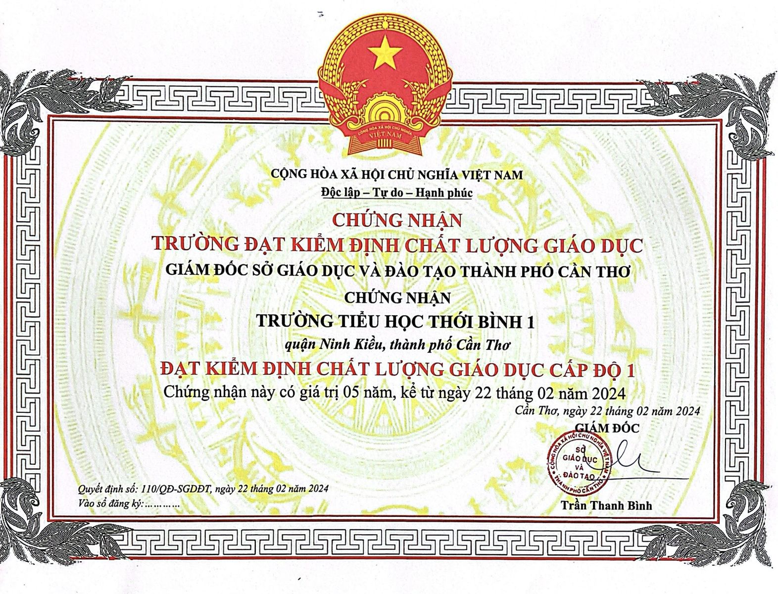 CHỨNG NHẬN TRƯỜNG ĐẠT KIỂM ĐỊNH CHẤT LƯỢNG GIÁO DỤC